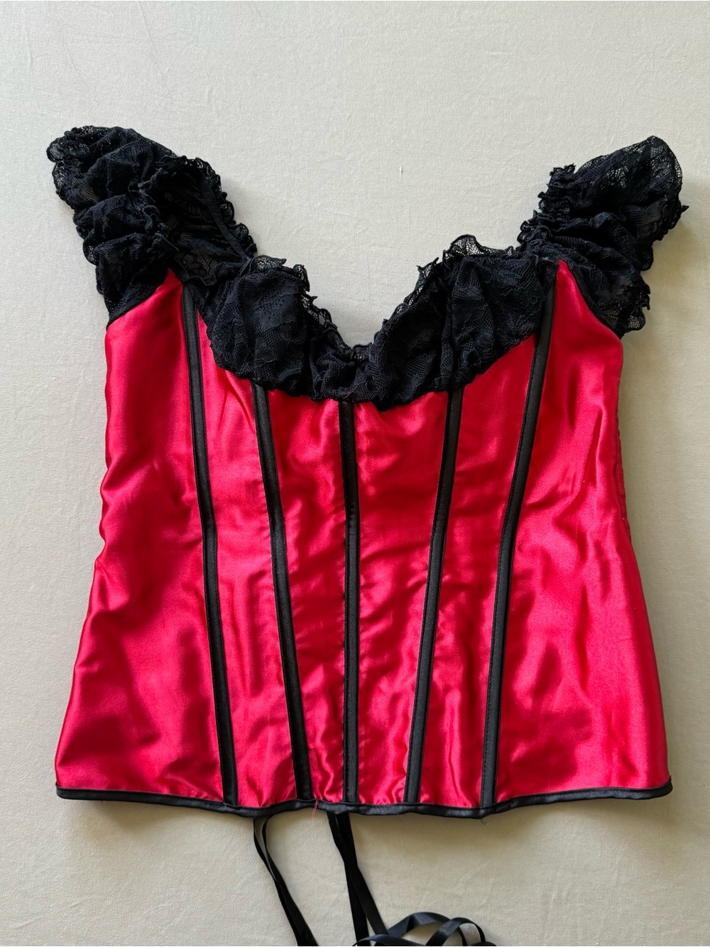 Y2K Era Fredericks Red Satin Lace Trim Corset Top